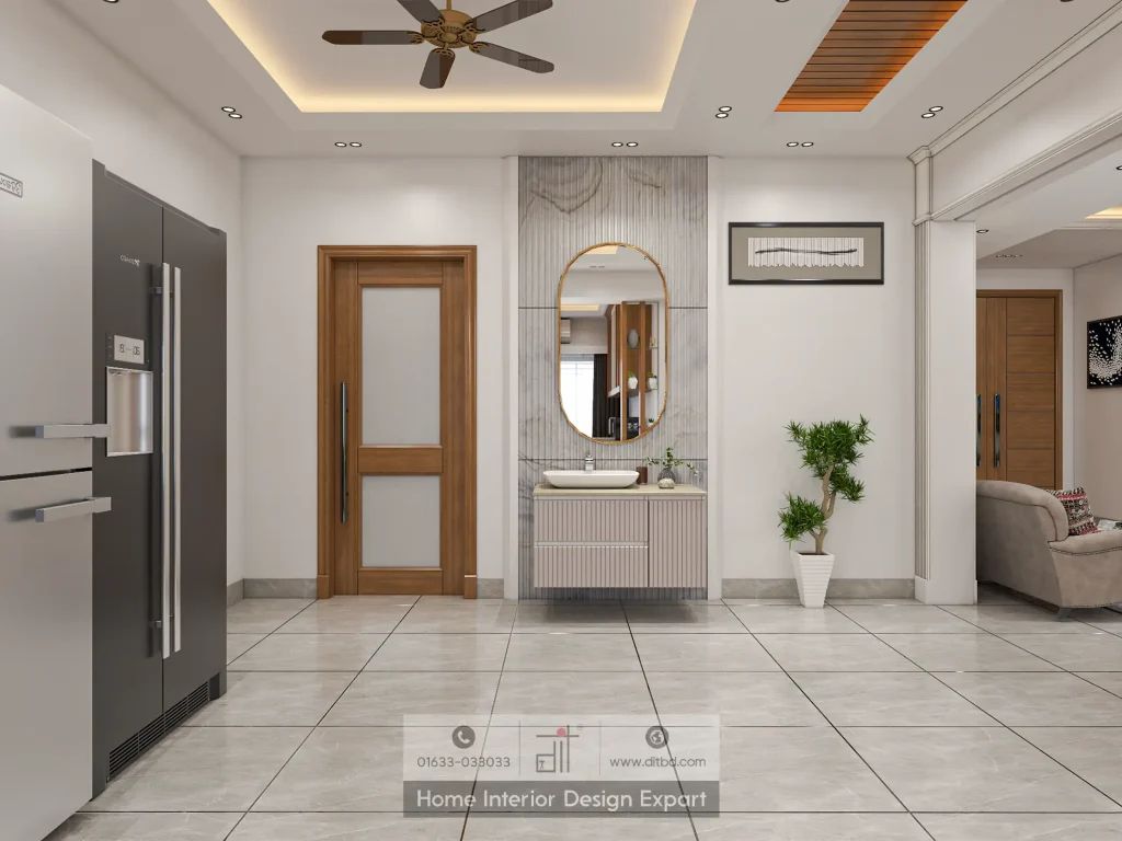 Hallway with wash basin feature and refrigerator alcove in Dhanmondi apartment by DIT Studio