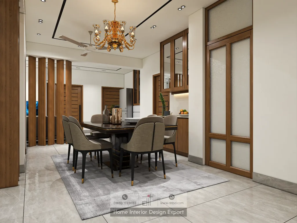 Dining table with gold chandelier and sliding partition in Moghbazar apartment by DIT Studio