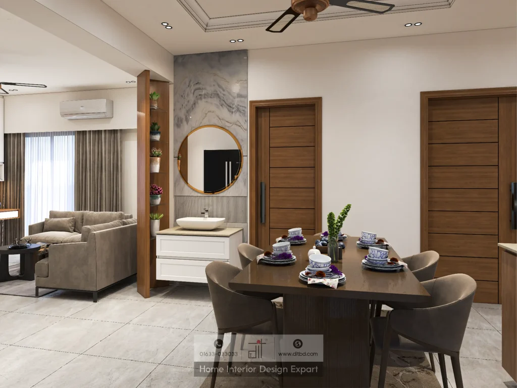 Dining area with dark wood table, taupe chairs, and wash basin feature wall in Mogbazar by DIT Studio