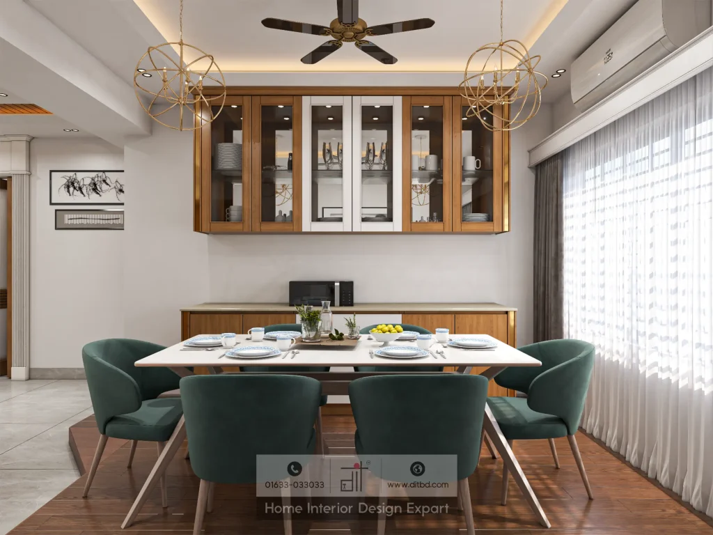 Fully set dining table with orbital pendant lights and display cabinet in Dhanmondi by DIT Studio