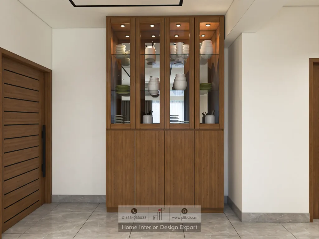 Walnut china cabinet with glass doors and interior lighting in Moghbazar designed by DIT Studio