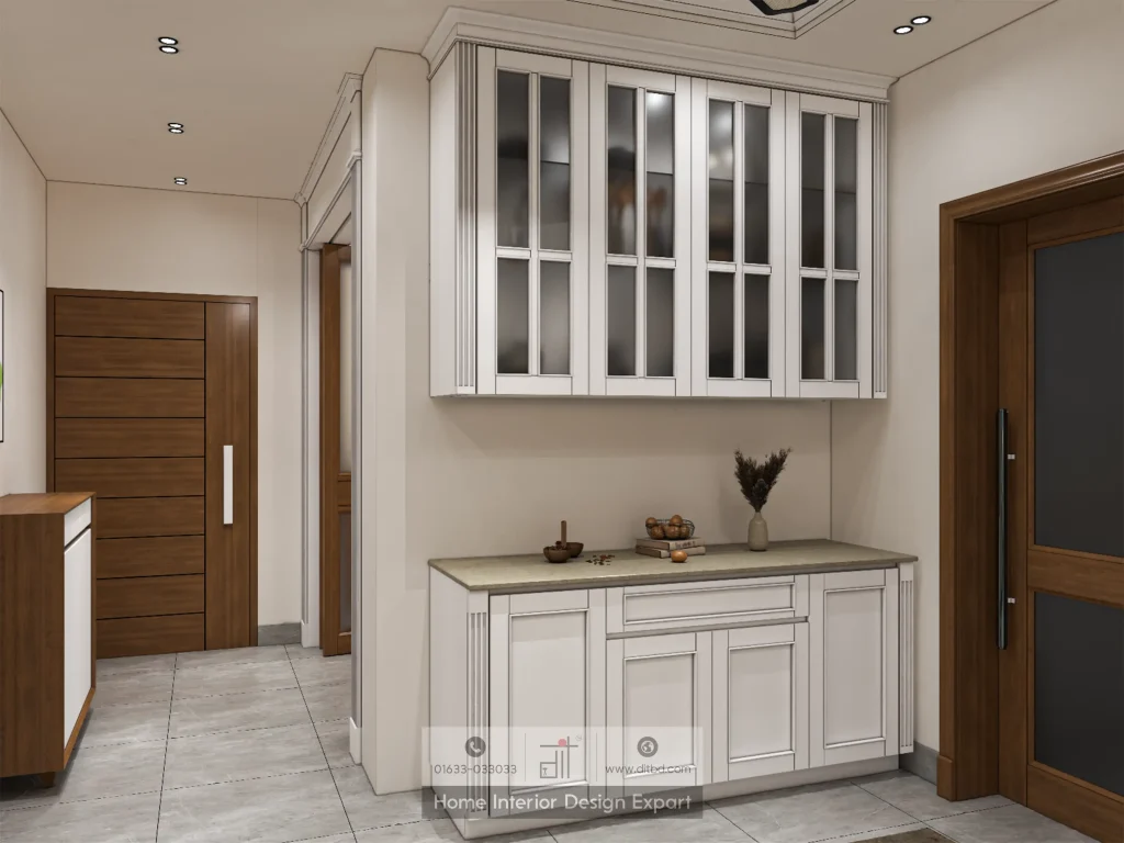 White hallway buffet cabinet with glass-front upper display in Mogbazar apartment designed by DIT Studio