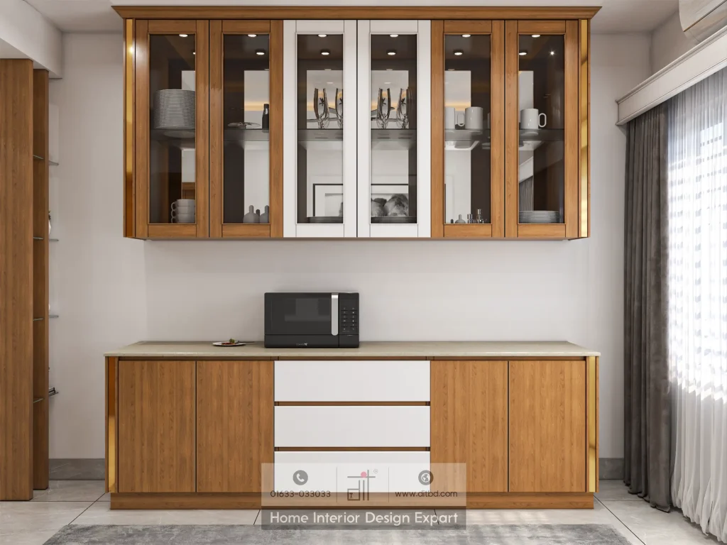 Walnut and white sideboard with glass display cabinets in Dhanmondi common area by DIT Studio