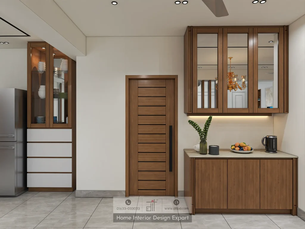Walnut sideboard with fruit and glass upper cabinet in Moghbazar common area by DIT Studio