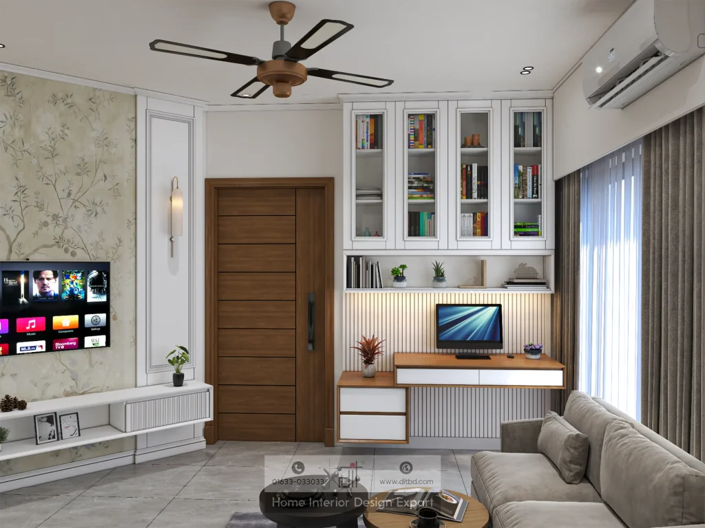 Living room with study nook, bookshelf cabinets, and beige sofa in Mogbazar common area by DIT Studio