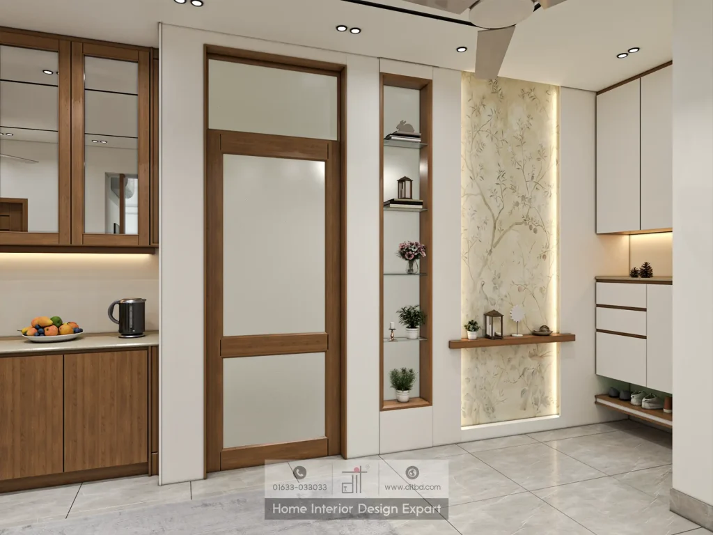 Entry passage with frosted glass door and botanical wall panel in Moghbazar by DIT Studio