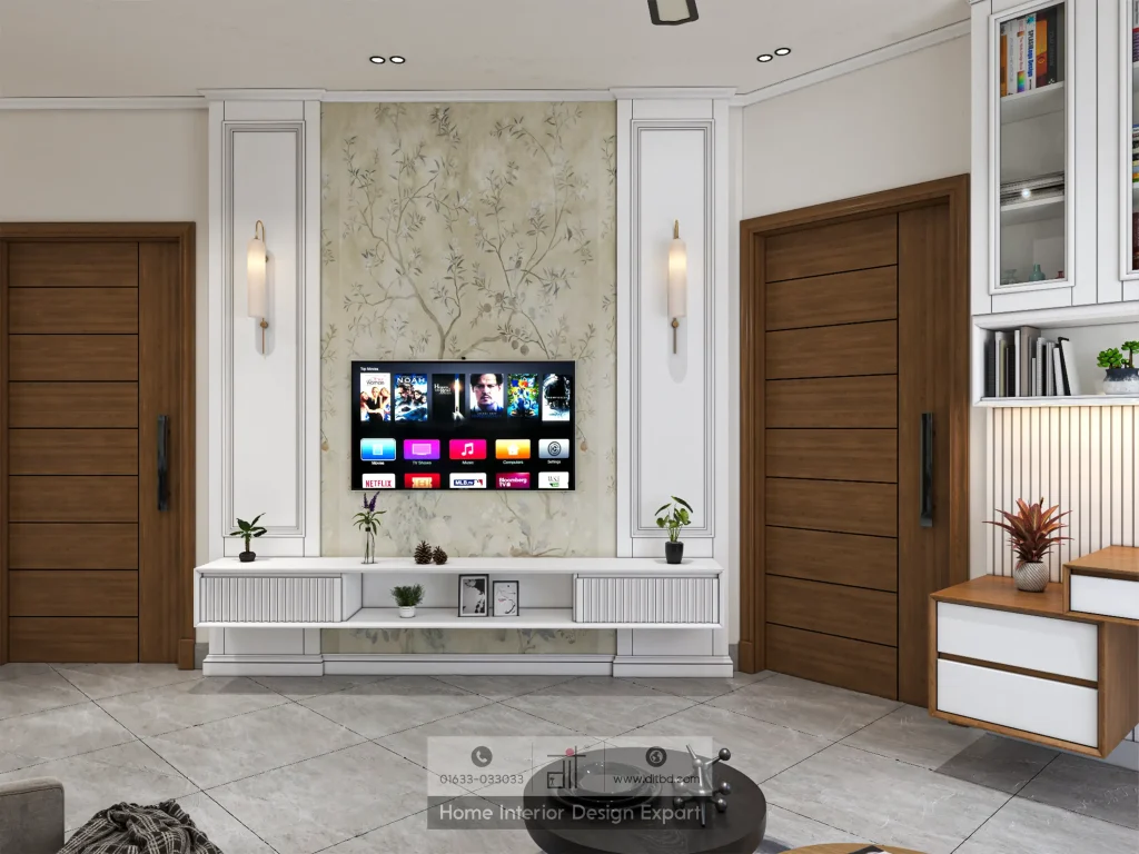 Modern TV wall with floral wallpaper accent and white fluted console in Mogbazar apartment by DIT Studio