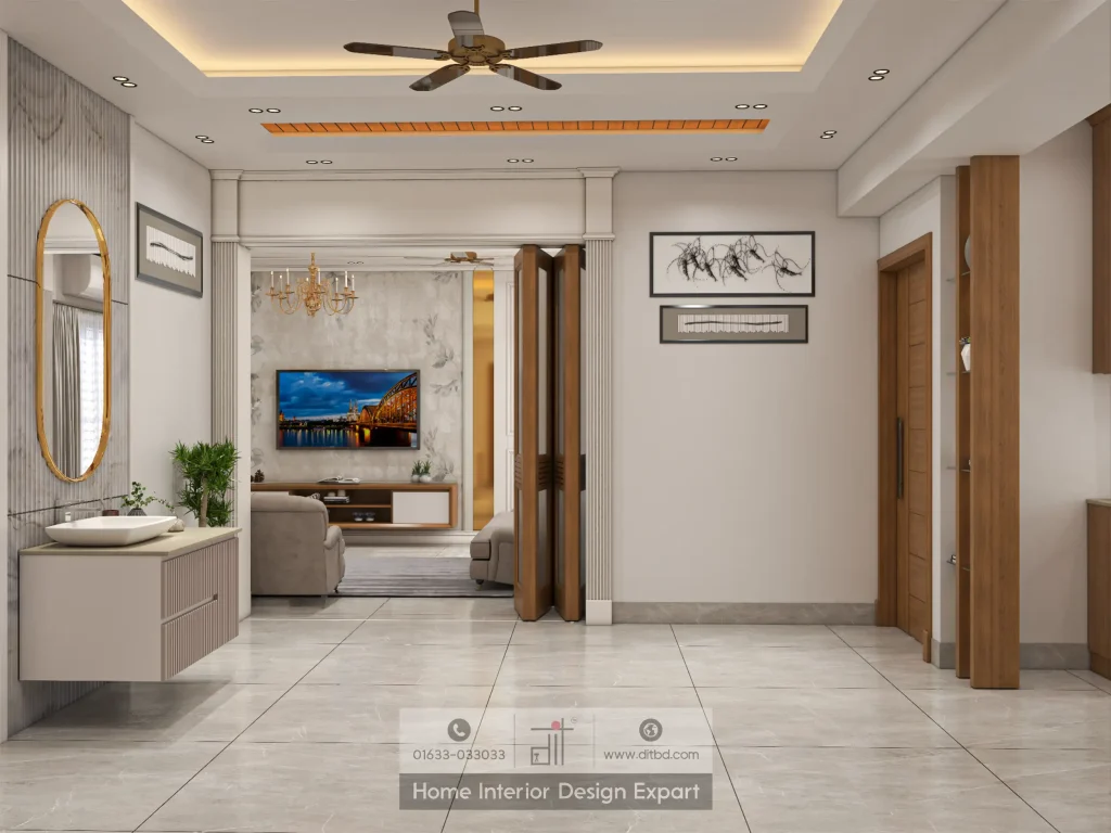 Foyer with wash basin, gold mirror, and living room partition in Dhanmondi common area by DIT Studio