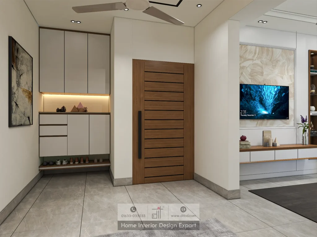 Foyer with shoe cabinet and abstract art connecting to living room in Moghbazar by DIT Studio
