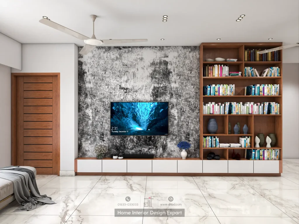 Living room with textured concrete TV wall and walnut bookshelf in Uttara Sector 7 by DIT Studio