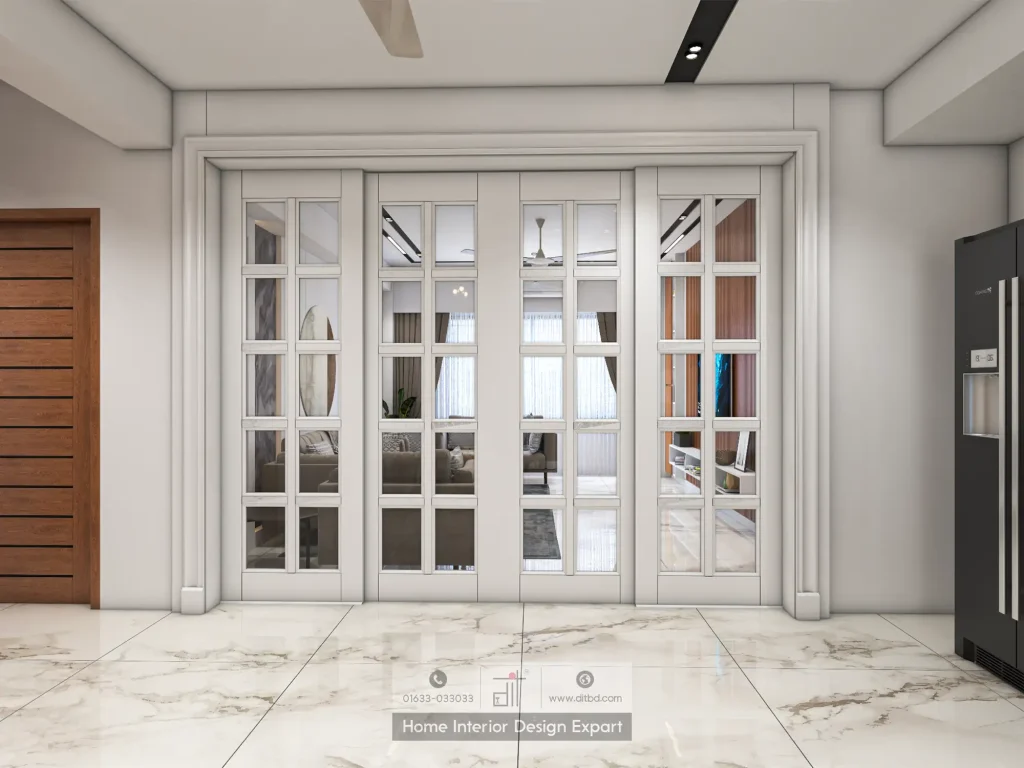 White French glass partition doors with panelled framing in Uttara Sector 7 common space by DIT Studio