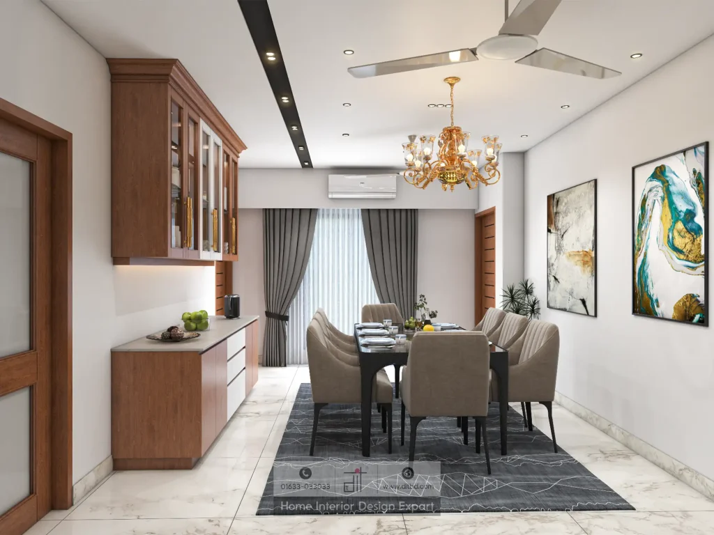 Dining room with gold crystal chandelier, walnut crockery cabinet, and abstract art in Uttara Sector 7 by DIT Studio