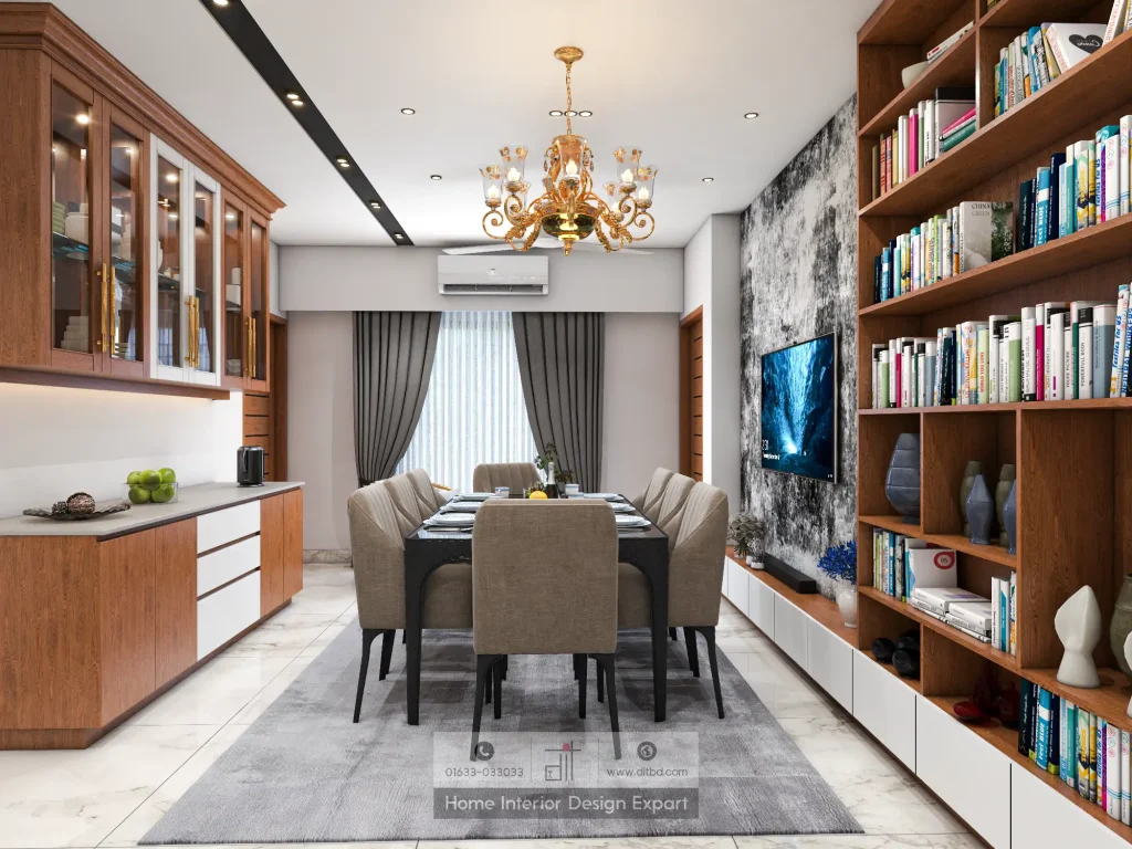 Wide-angle dining and living area with eight-seater table and TV accent wall by DIT Studio Uttara Sector 7