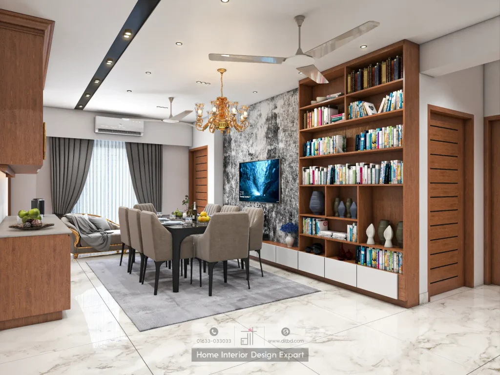 Open-plan dining and living view with walnut bookshelf and gold chandelier in DIT Studio Uttara Sector 7 project