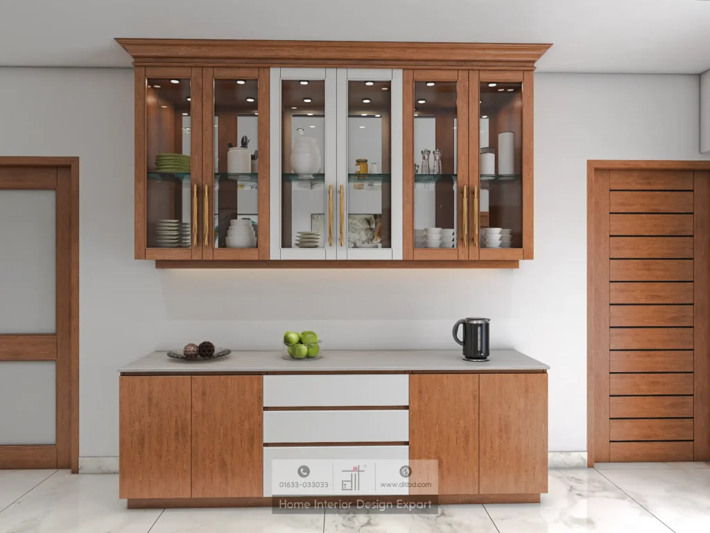 Walnut crockery display cabinet with glass-front doors and internal lighting in Uttara Sector 7 by DIT Studio