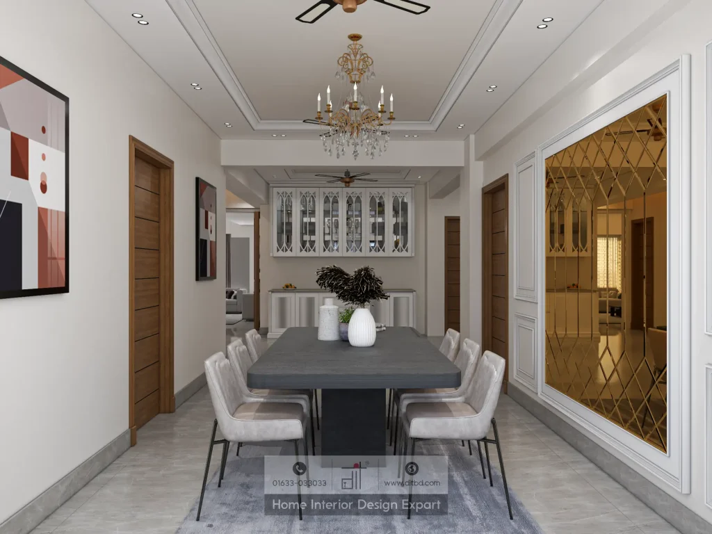 Dining area towards crockery cabinet with arched glass doors and gold mirror panel in DIT Studio Bashundhara R/A project
