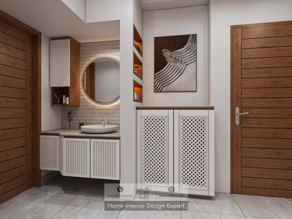 Wash basin vanity with backlit circular mirror and lattice shoe cabinet designed by DIT Studio in Mirpur, Dhaka