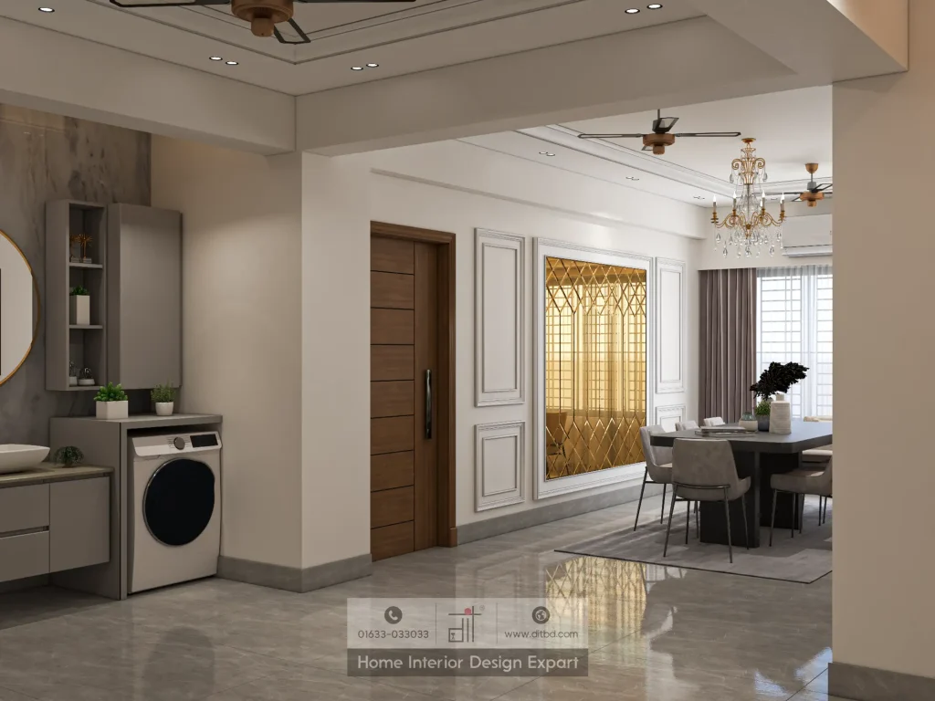 Utility wash area with washing machine and view into dining room with gold mirror in Bashundhara R/A by DIT Studio