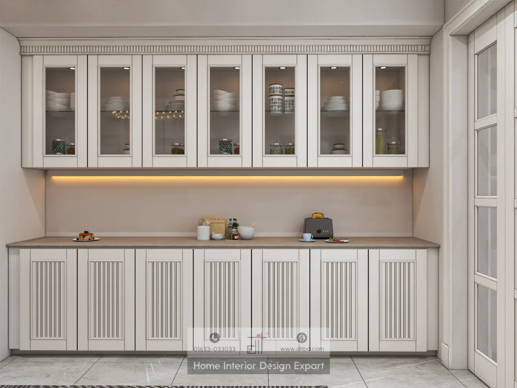 White crockery cabinet with glass-front doors and LED under-cabinet lighting in Mirpur dining area by DIT Studio