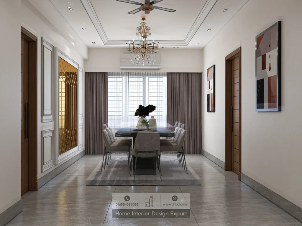 Full-length dining area with mauve curtains, crystal chandelier, and abstract art in Bashundhara R/A apartment by DIT Studio