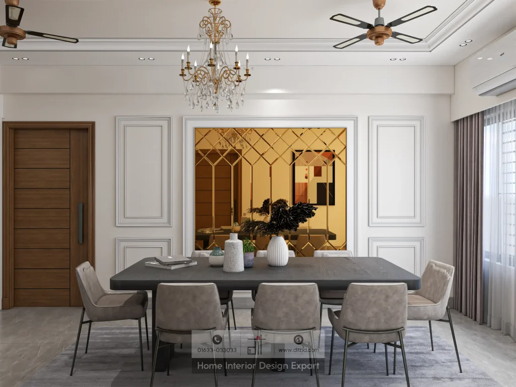 Eight-seater dining table with gold diamond mirror panel and crystal chandelier in Bashundhara R/A by DIT Studio