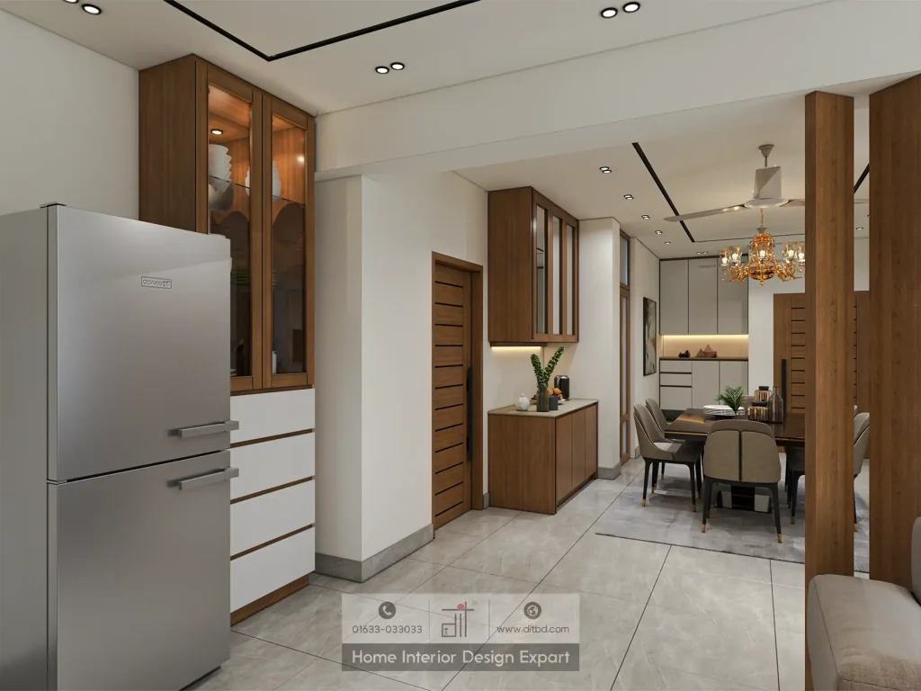 Open-plan dining and kitchen area with refrigerator and walnut cabinetry by DIT Studio in Moghbazar Dhaka