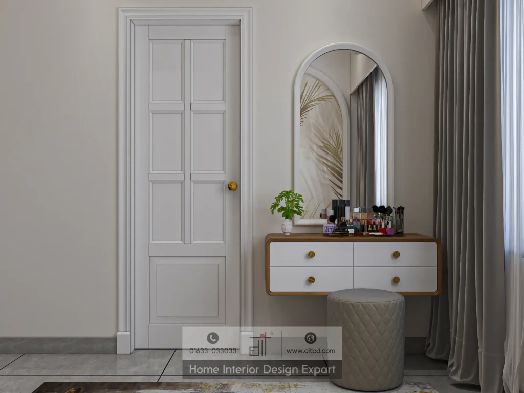 Arched mirror dressing table with white drawers and gold knobs in Uttara Sector 5 by DIT Studio