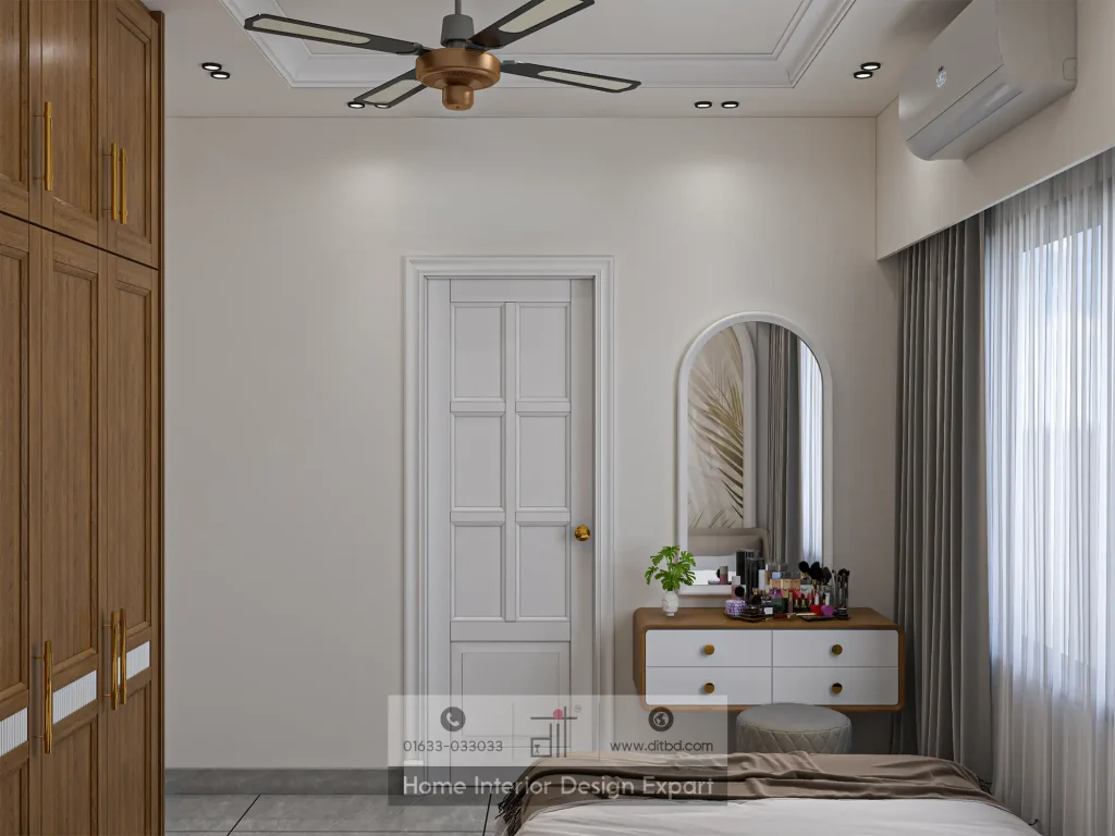 Gray-and-gold Art Deco headboard with compact white vanity in Uttara designed by DIT Studio