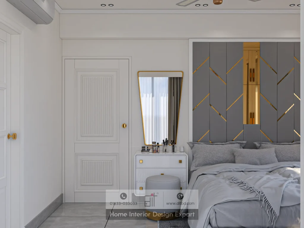 Dressing table with arched mirror and walnut wardrobe in Uttara Sector 5 bedroom by DIT Studio