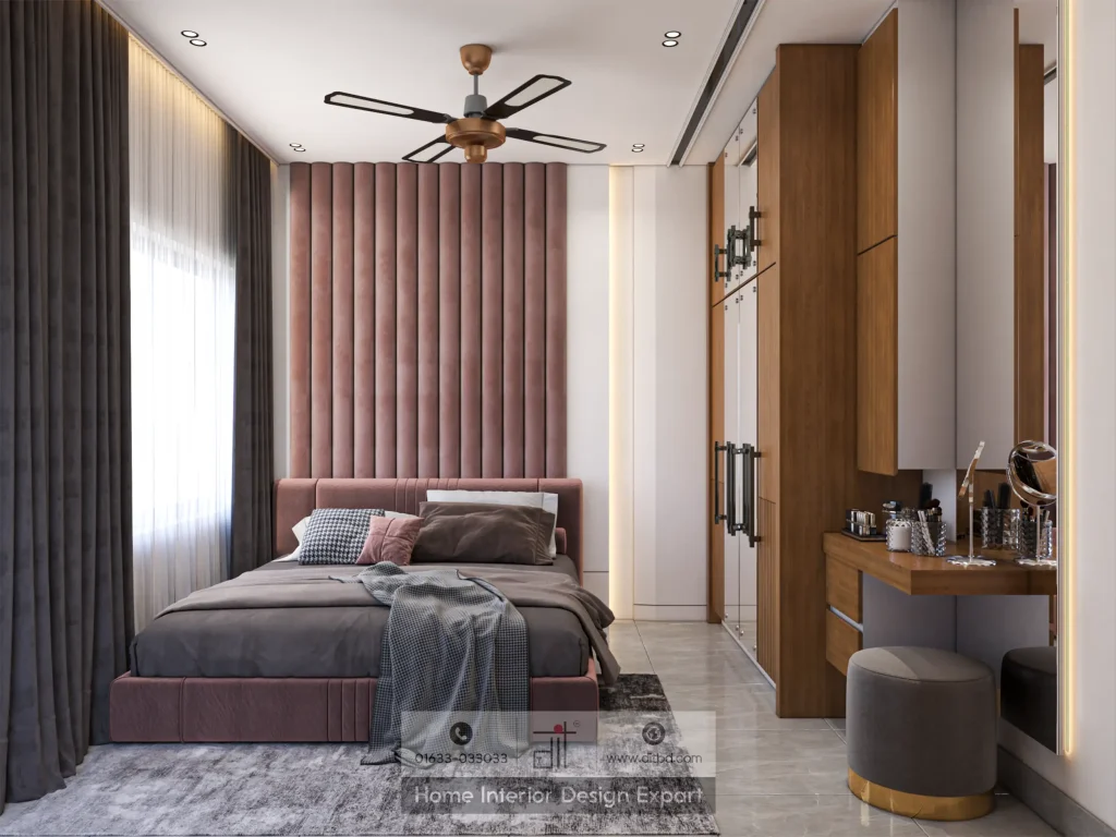 Dusty rose pink tufted headboard with full room view in Dhanmondi girls bedroom by DIT Studio