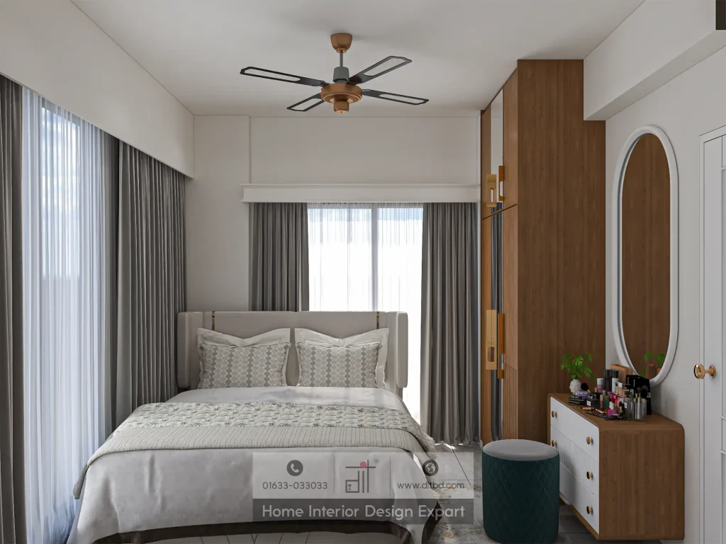 Modern girls bedroom with upholstered bed wardrobe and vanity in Uttara Sector 5 apartment by DIT Studio