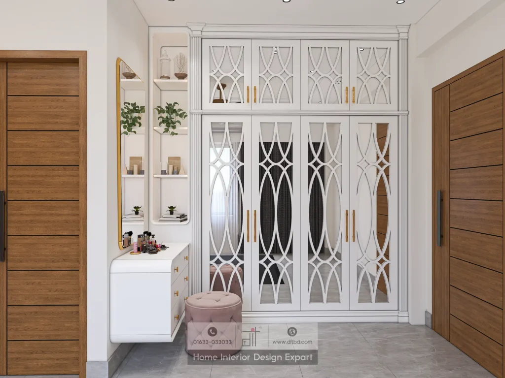 Close-up of geometric fretwork closet doors and vanity drawers in girls bedroom in Banshundhara R/A by DIT Studio