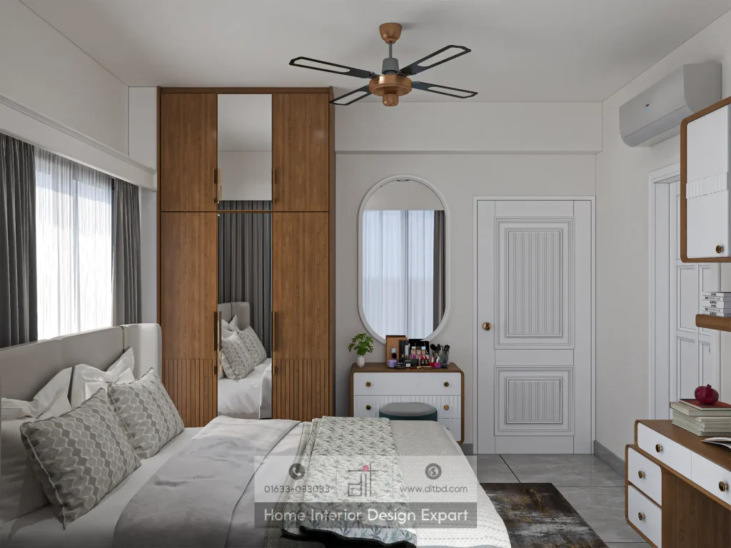 Full room view showing mirrored wardrobe vanity and chest of drawers in girls bedroom Uttara by DIT Studio