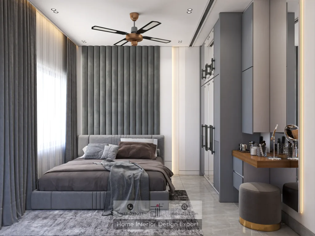 Grey channel-tufted headboard wall with LED-lit vanity in Dhanmondi girls bedroom by DIT Studio