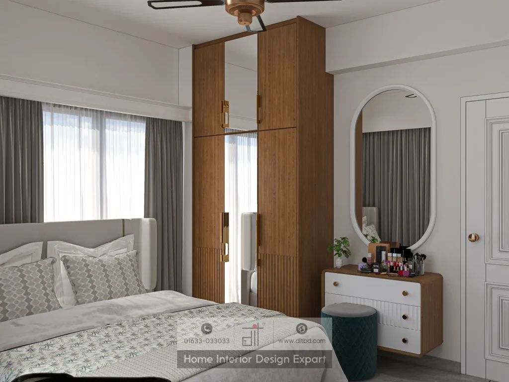 Close-up of wooden wardrobe with mirror panel and oval vanity mirror in Uttara girls bedroom by DIT Studio
