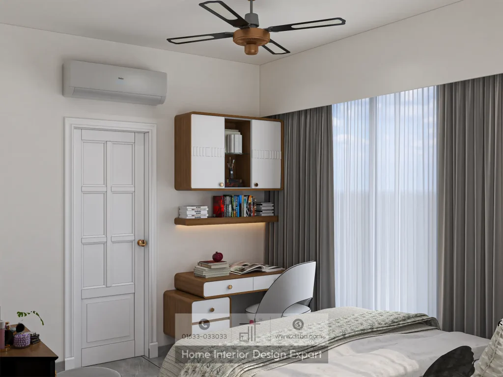 Study desk with bookshelf and wall cabinet in modern girls bedroom Uttara Sector 5 by DIT Studio