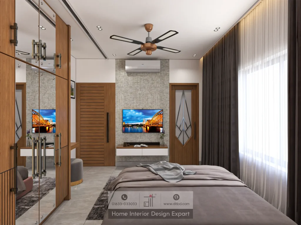 TV wall with mirrored wardrobe and textured stone panel in Dhanmondi girls bedroom by DIT Studio