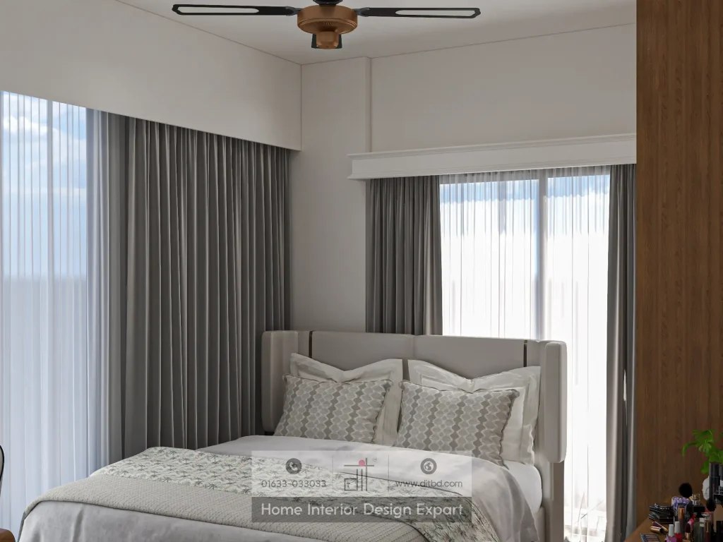 Bed headboard close-up with grey curtains and natural light in Uttara girls bedroom design by DIT Studio