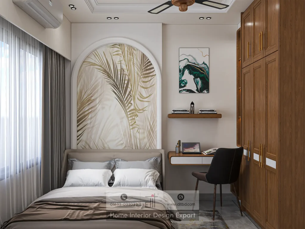 Modern guest bedroom with arched botanical headboard mural and study desk in Uttara Sector 5 by DIT Studio
