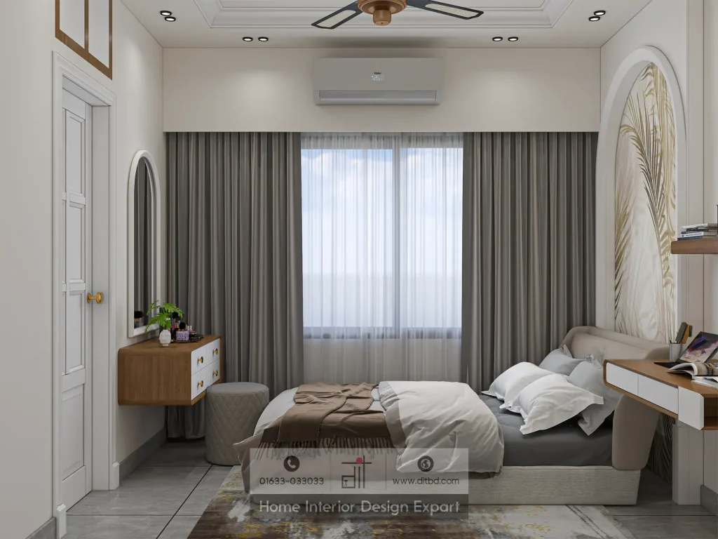 Full view of guest bedroom showing window curtains vanity console and bed in Uttara apartment by DIT Studio