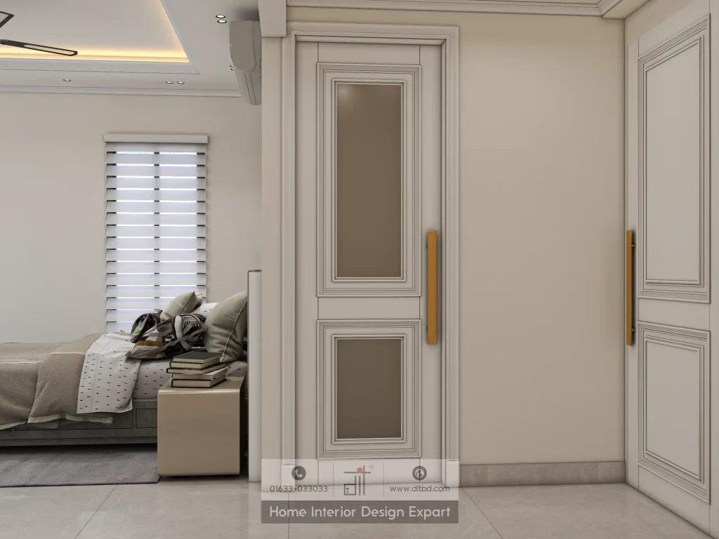 Cream panelled bedroom door with frosted-glass inserts and gold handle designed by DIT Studio