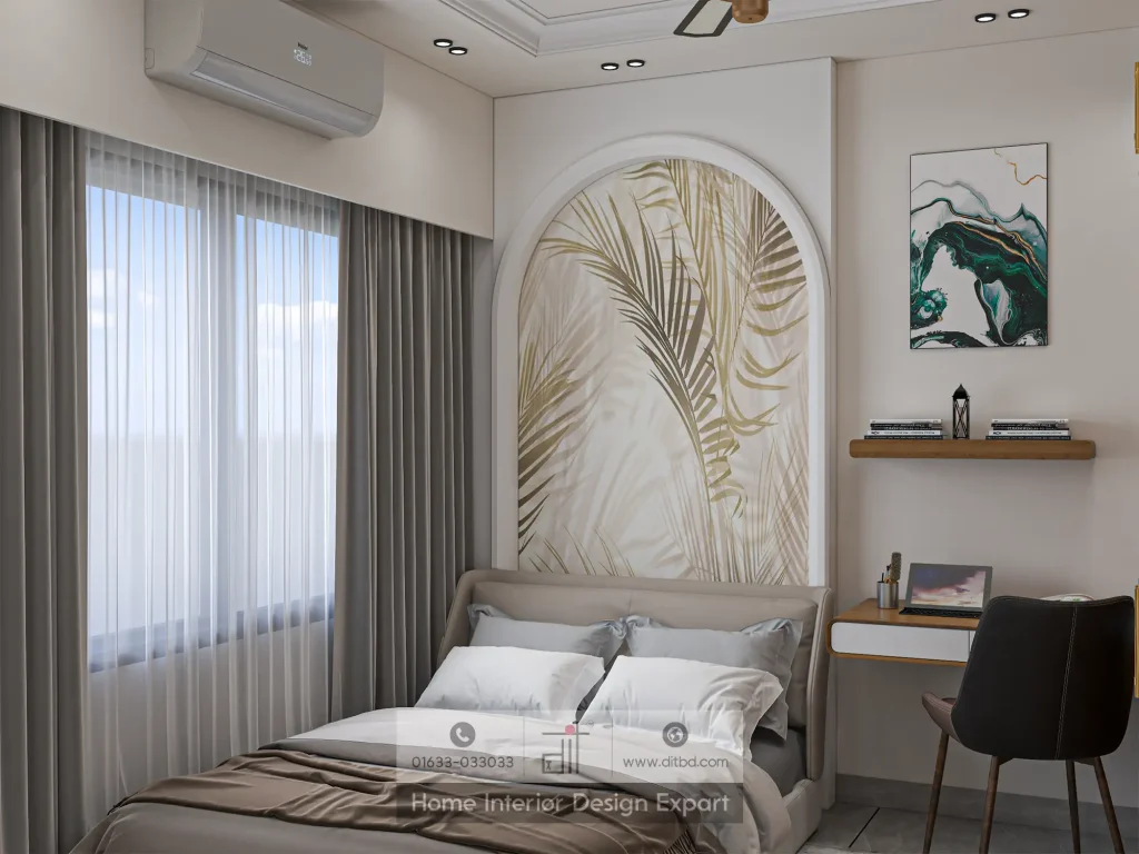 Close-up of golden palm-leaf arched headboard and wall-mounted study nook in Uttara guest bedroom by DIT Studio