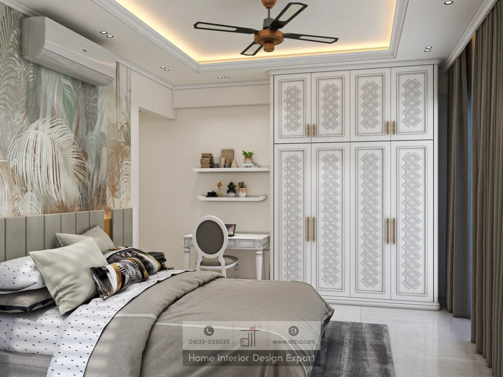 Modern guest bedroom with tropical palm wallpaper accent wall and channel-tufted grey bed by DIT Studio