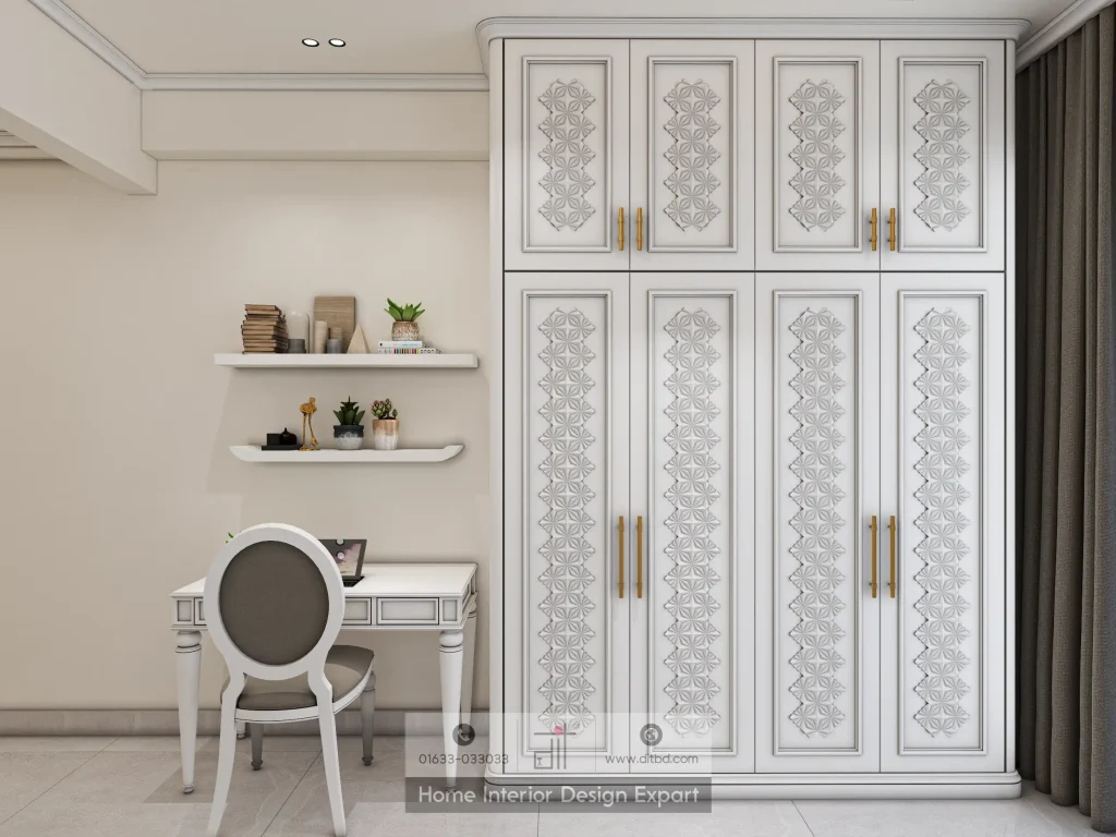 White lattice-patterned wardrobe with gold handles and classic vanity desk in guest bedroom by DIT Studio