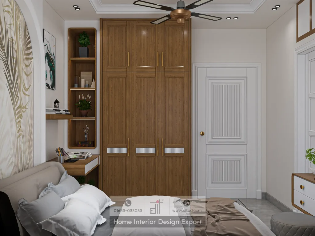 Floor-to-ceiling wooden wardrobe with LED-lit open shelves and white paneled door in Uttara guest bedroom by DIT Studio