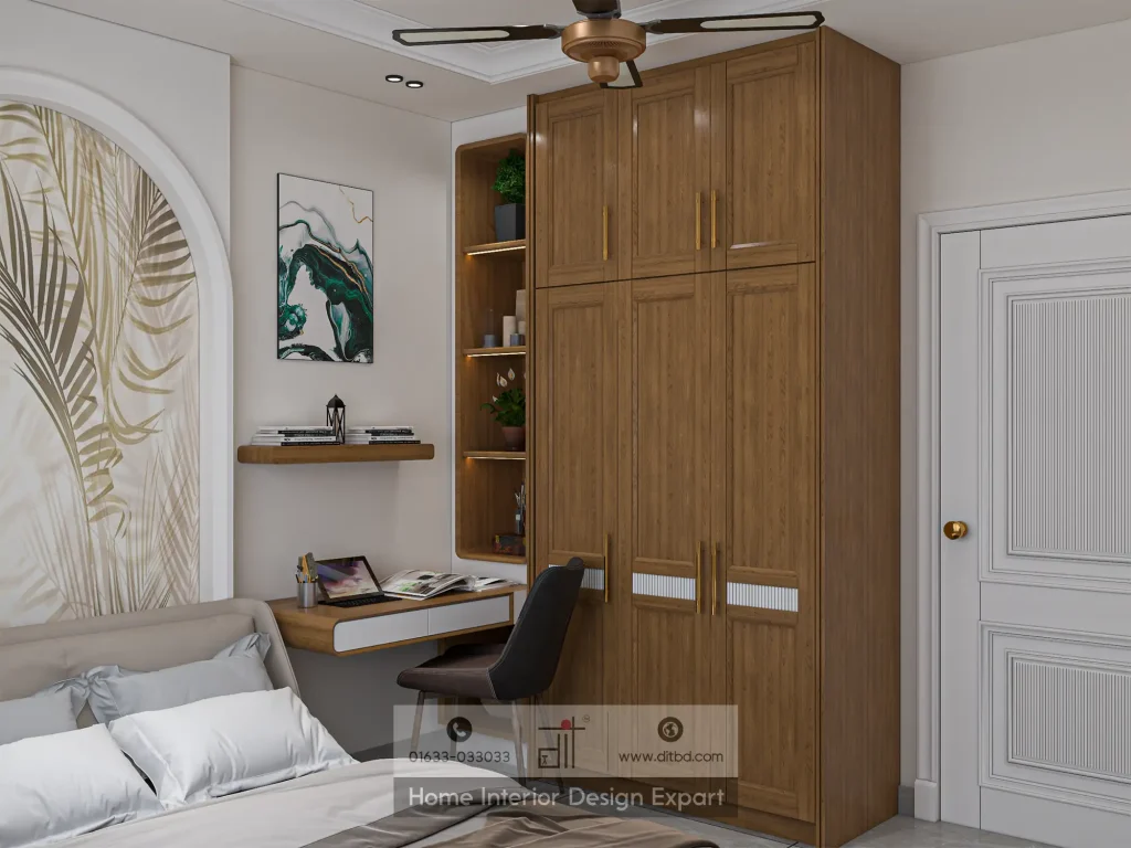 Wooden wardrobe with integrated study desk and display shelving in modern guest bedroom Uttara by DIT Studio