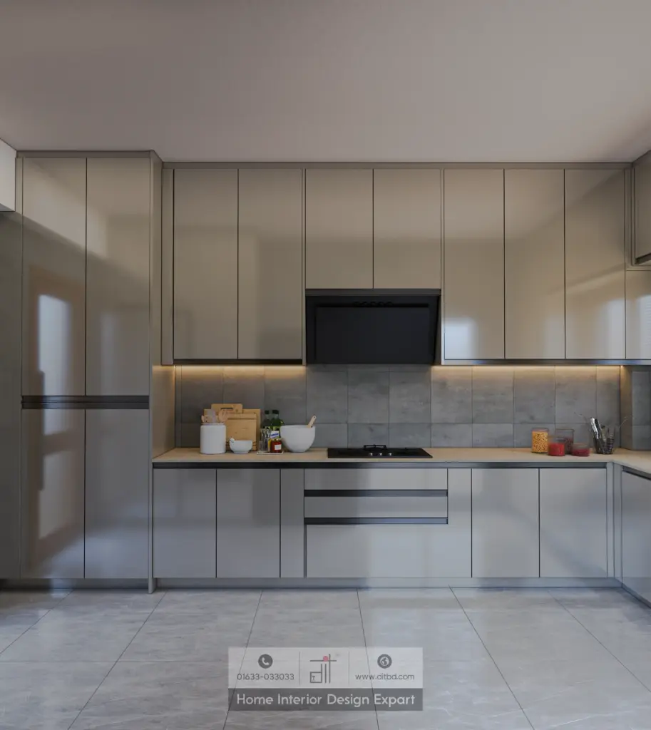 Cooking zone with range hood, gas hob, and full-height beige cabinets in DIT Studio Uttara Sector 7 project