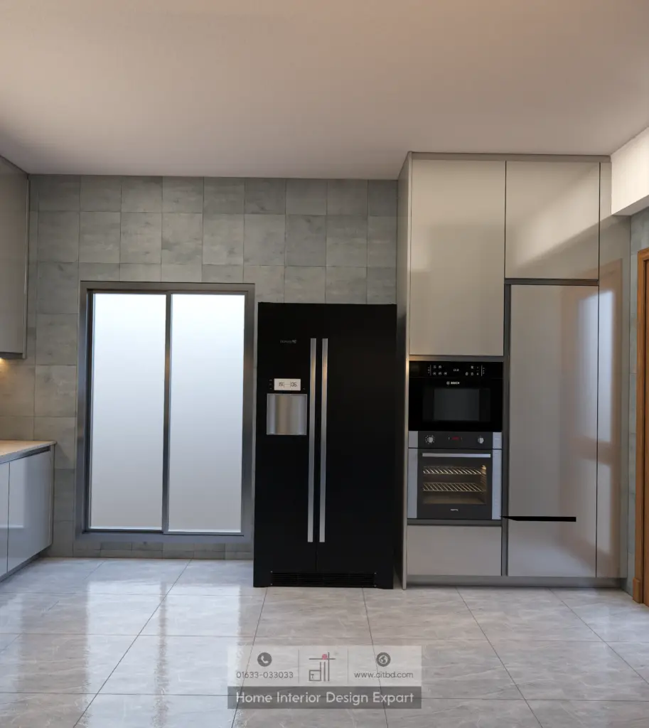 Black side-by-side refrigerator and Bosch built-in oven tower in Uttara Sector 7 kitchen designed by DIT Studio