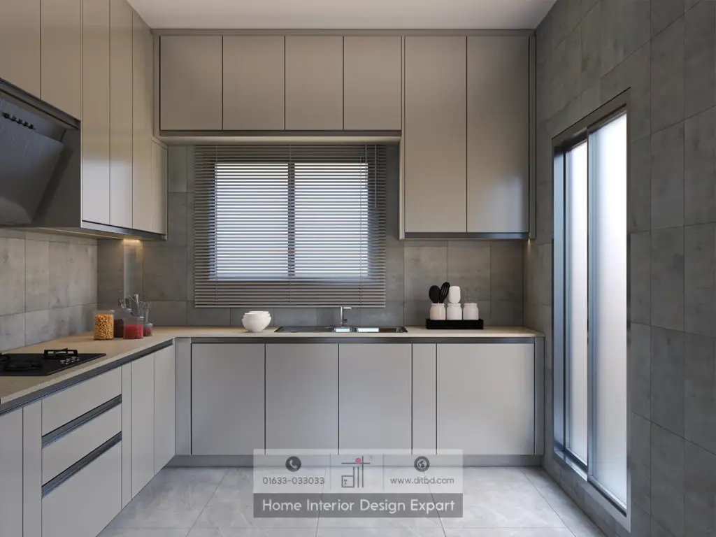 U-shaped modern kitchen with grey cabinets, beige countertop, and venetian blinds in Uttara Sector 7 by DIT Studio