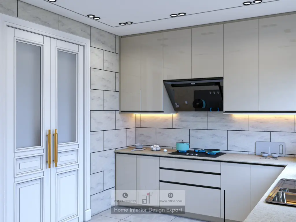 Cooking zone with range hood and gas hob in modern Keraniganj kitchen designed by DIT Studio